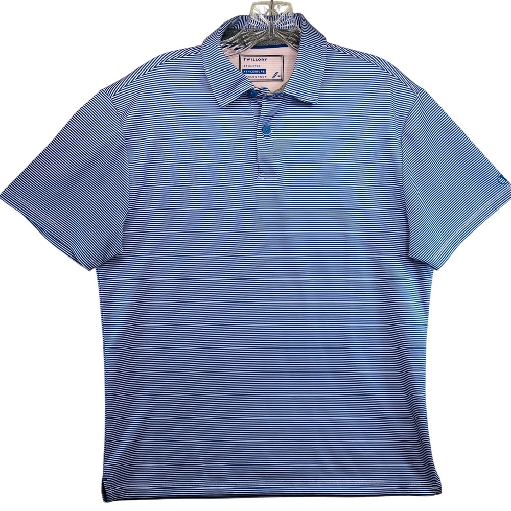 Twillory Mens Performance Polo Shirt Blue White Striped Athleisure Size M